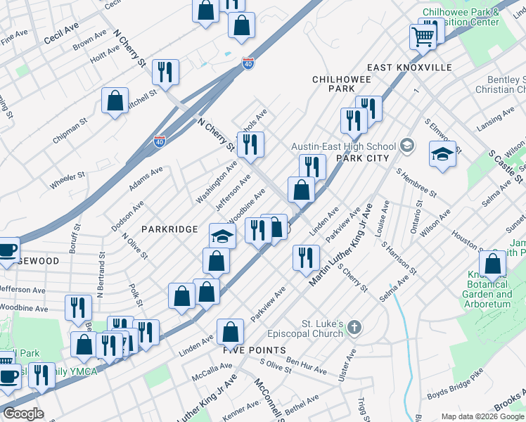 map of restaurants, bars, coffee shops, grocery stores, and more near 2543 East 5th Avenue in Knoxville