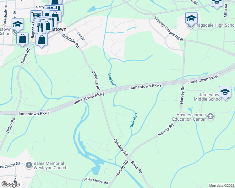 map of restaurants, bars, coffee shops, grocery stores, and more near 209 Creekside Drive in High Point
