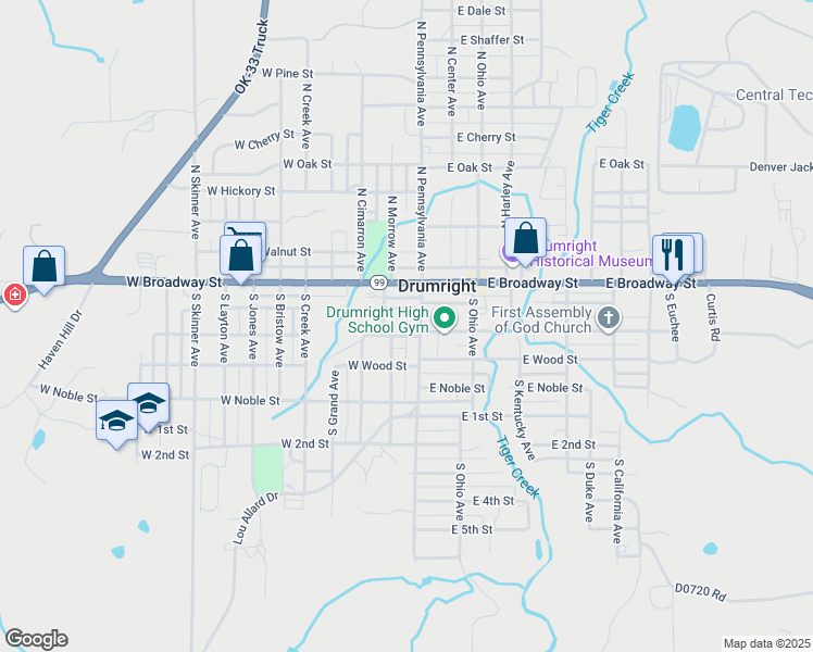 map of restaurants, bars, coffee shops, grocery stores, and more near 124 West Federal Street in Drumright