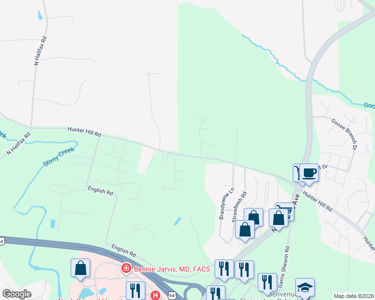 map of restaurants, bars, coffee shops, grocery stores, and more near 1117 Rosebud Drive in Rocky Mount