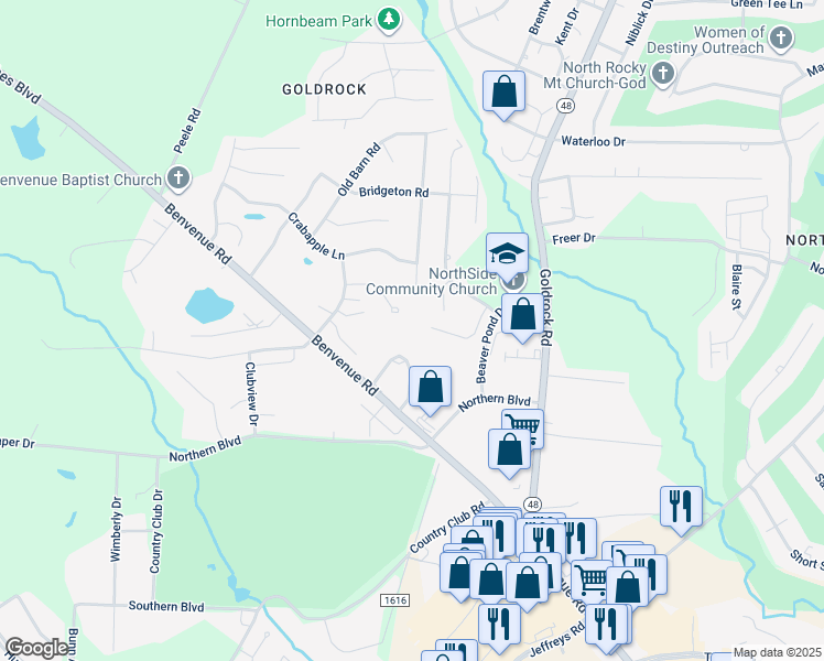 map of restaurants, bars, coffee shops, grocery stores, and more near 54 Sunset Drive in Rocky Mount