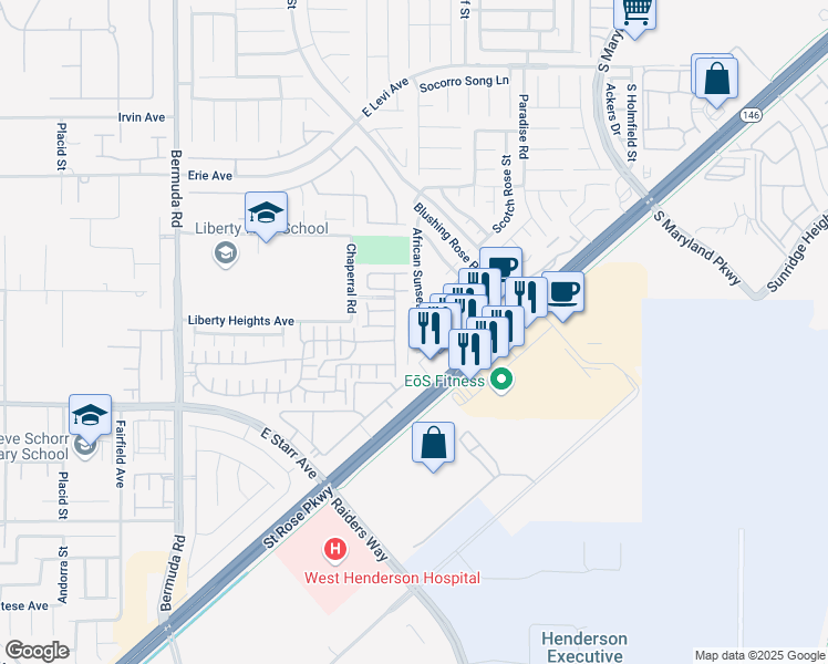 map of restaurants, bars, coffee shops, grocery stores, and more near 11159 African Sunset Street in Henderson