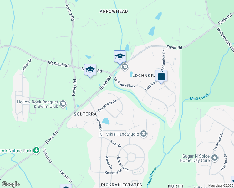 map of restaurants, bars, coffee shops, grocery stores, and more near 3311 Middlebrook Court in Durham