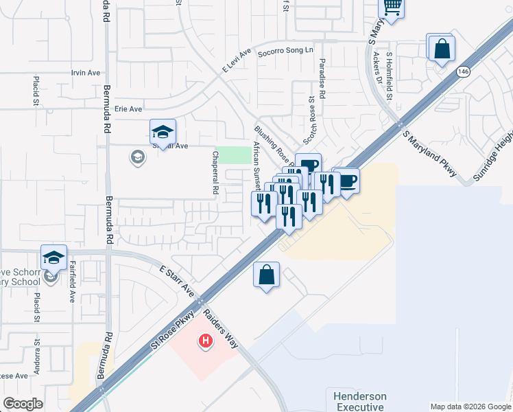 map of restaurants, bars, coffee shops, grocery stores, and more near 11159 African Sunset Street in Henderson