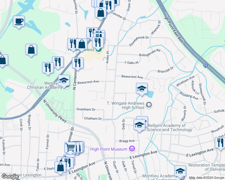 map of restaurants, bars, coffee shops, grocery stores, and more near 1803 Guyer Street in High Point