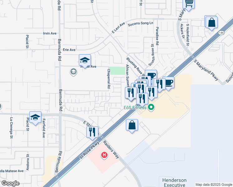 map of restaurants, bars, coffee shops, grocery stores, and more near 3625 Via Terracina in Henderson