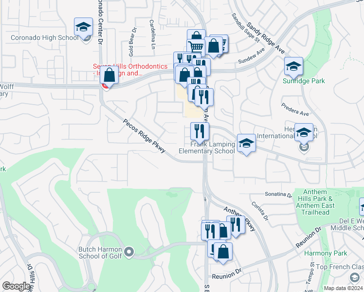 map of restaurants, bars, coffee shops, grocery stores, and more near 1125 Echo Pass Street in Henderson