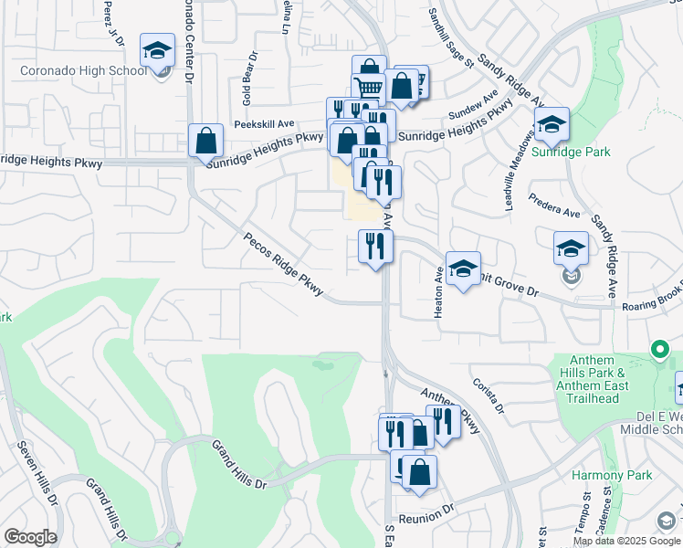 map of restaurants, bars, coffee shops, grocery stores, and more near 1125 Echo Pass Street in Henderson