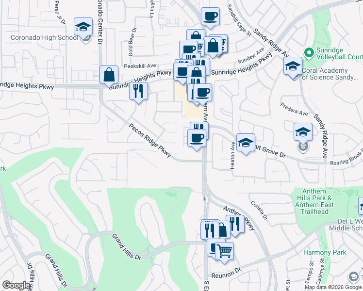 map of restaurants, bars, coffee shops, grocery stores, and more near 1125 Echo Pass Street in Henderson
