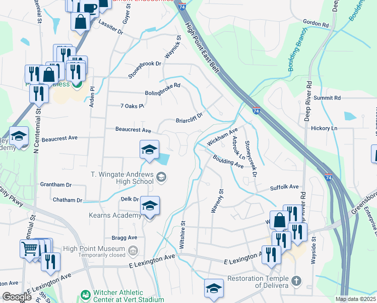 map of restaurants, bars, coffee shops, grocery stores, and more near 2122 Carlisle Way in High Point