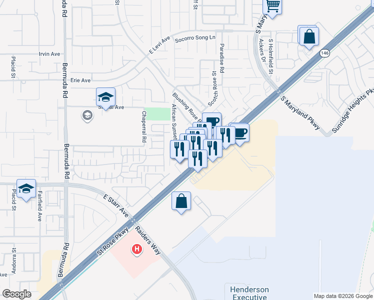 map of restaurants, bars, coffee shops, grocery stores, and more near 3572 Saint Rose Parkway in Henderson