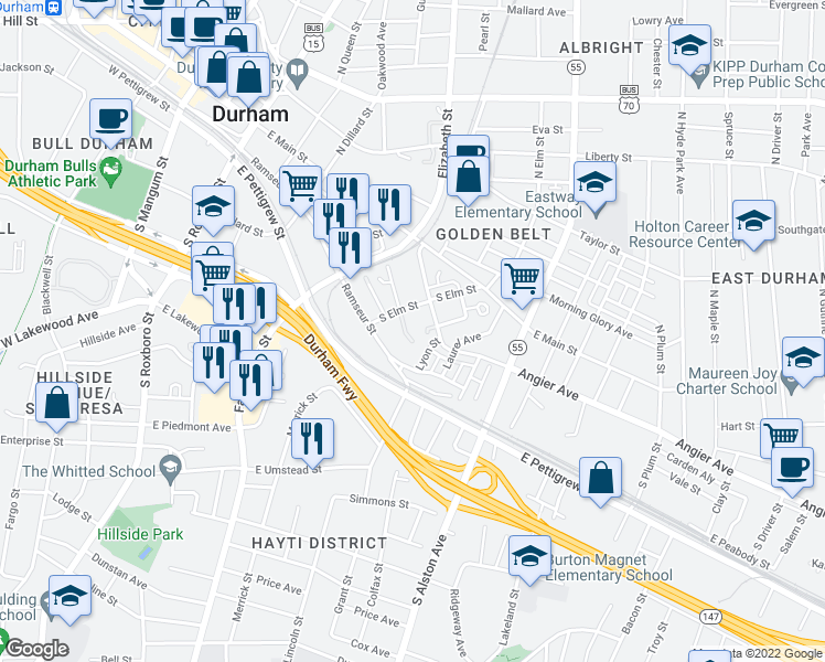map of restaurants, bars, coffee shops, grocery stores, and more near 929 Ramseur Street in Durham
