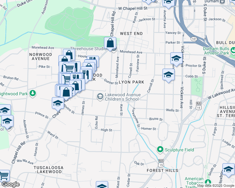 map of restaurants, bars, coffee shops, grocery stores, and more near 1406 West Lakewood Avenue in Durham