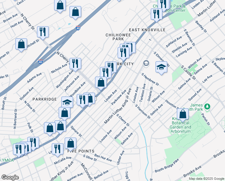 map of restaurants, bars, coffee shops, grocery stores, and more near 2620 Linden Avenue in Knoxville