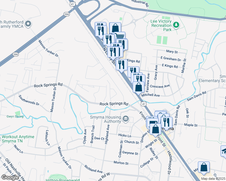 map of restaurants, bars, coffee shops, grocery stores, and more near 500 Rock Springs Road in Smyrna