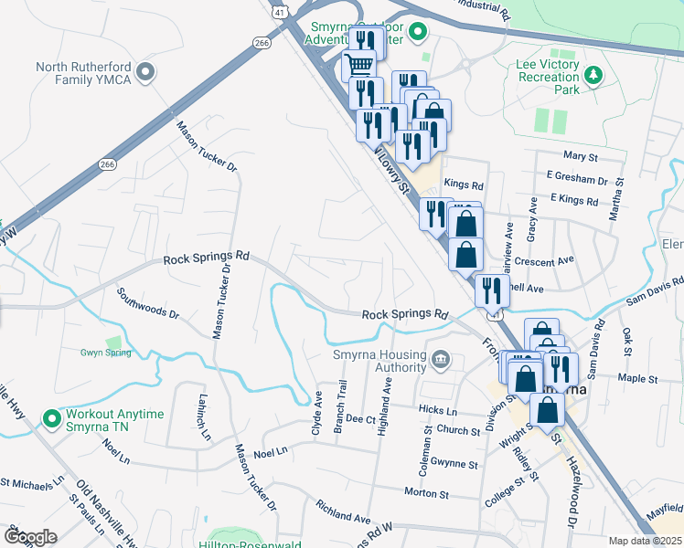 map of restaurants, bars, coffee shops, grocery stores, and more near 540 Rock Springs Road in Smyrna