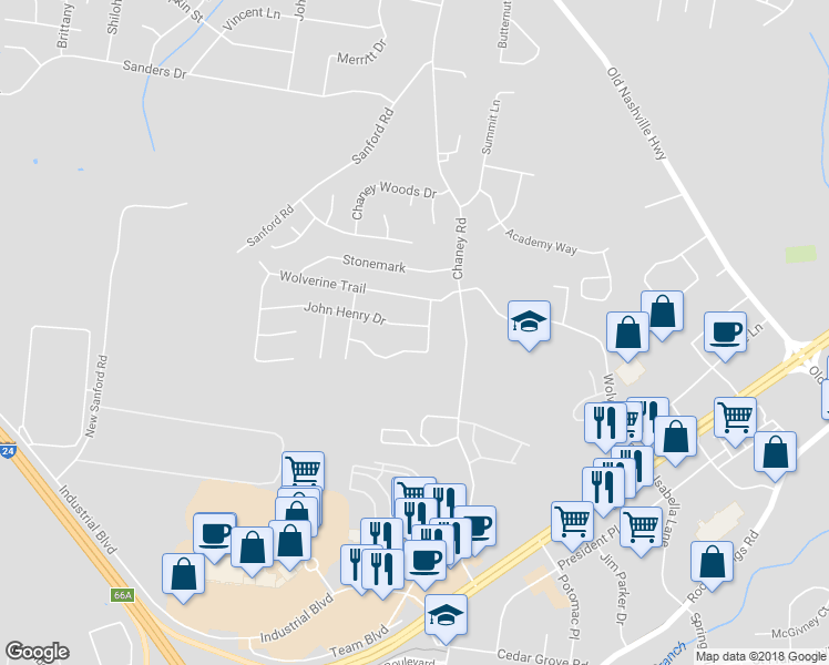 map of restaurants, bars, coffee shops, grocery stores, and more near 303 John Henry Drive in La Vergne