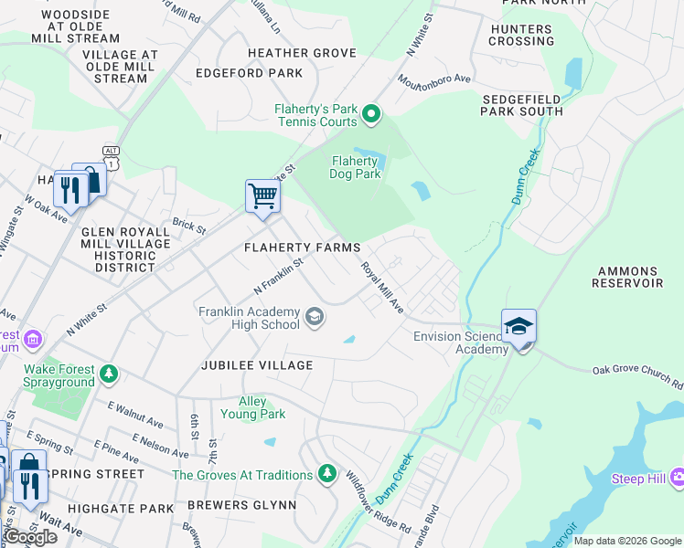 map of restaurants, bars, coffee shops, grocery stores, and more near 624 Groveton Trail in Wake Forest
