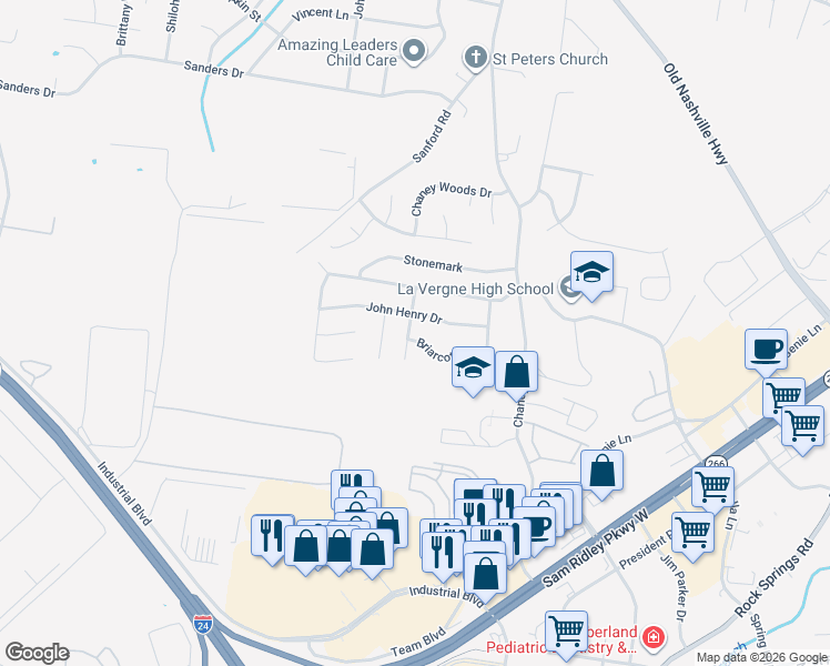 map of restaurants, bars, coffee shops, grocery stores, and more near 414 Wooded Valley Court in La Vergne