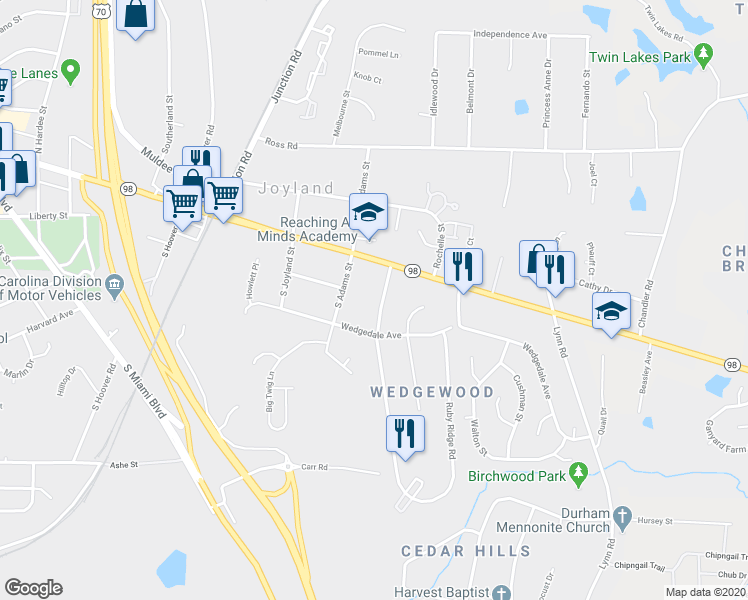 map of restaurants, bars, coffee shops, grocery stores, and more near 116 South Woodcrest Street in Durham