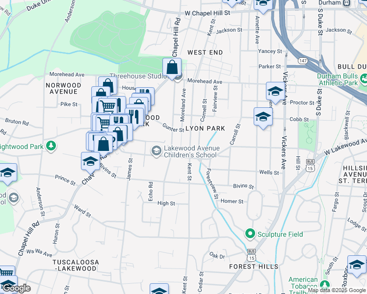 map of restaurants, bars, coffee shops, grocery stores, and more near 1406 West Lakewood Avenue in Durham