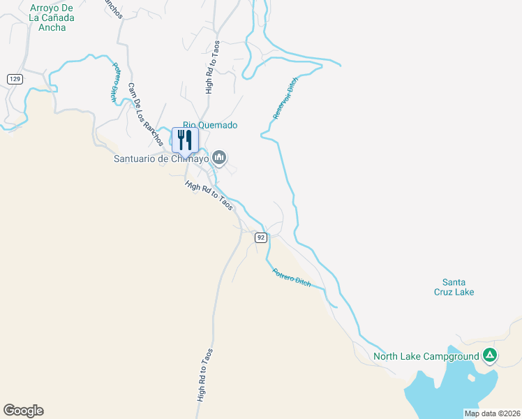map of restaurants, bars, coffee shops, grocery stores, and more near 15 Santa Cruz Dam Road in Chimayo