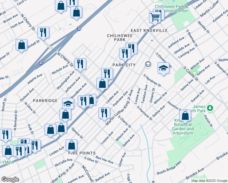 map of restaurants, bars, coffee shops, grocery stores, and more near 2620 Linden Avenue in Knoxville
