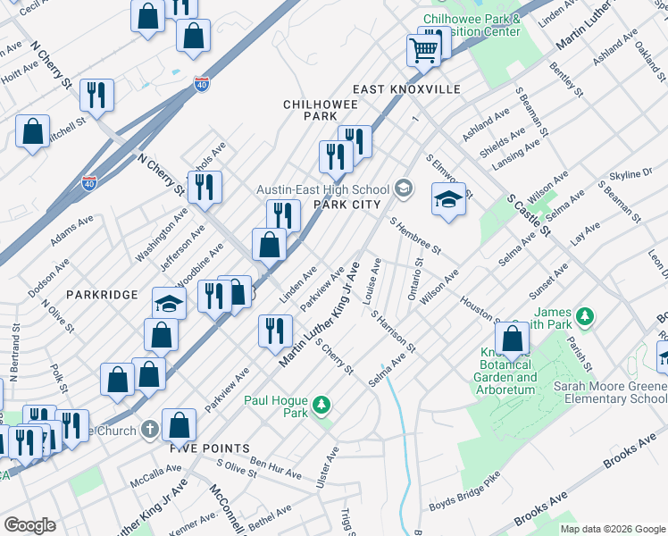 map of restaurants, bars, coffee shops, grocery stores, and more near 2701 Parkview Avenue in Knoxville