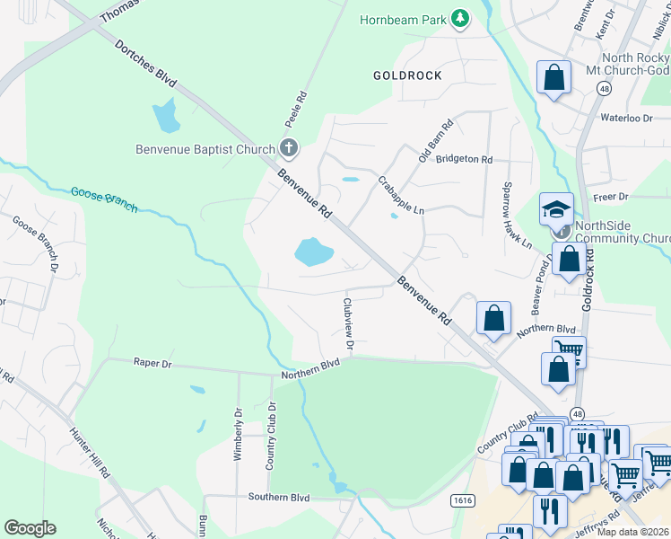 map of restaurants, bars, coffee shops, grocery stores, and more near 1984 Sapphire Road in Rocky Mount