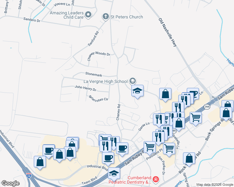map of restaurants, bars, coffee shops, grocery stores, and more near 101 Wolverine Trail in La Vergne