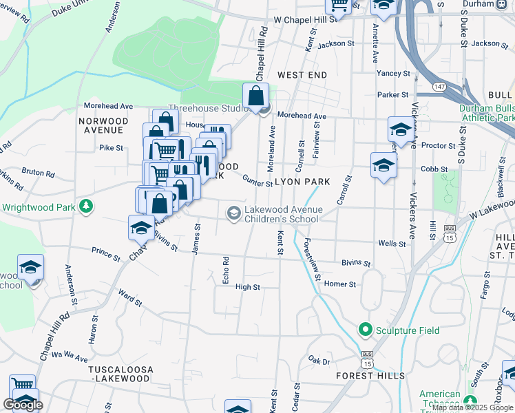 map of restaurants, bars, coffee shops, grocery stores, and more near 1217 Rosedale Avenue in Durham