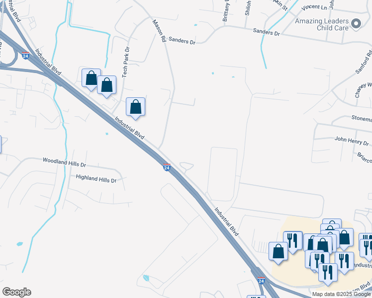 map of restaurants, bars, coffee shops, grocery stores, and more near 601 Mason Road in La Vergne