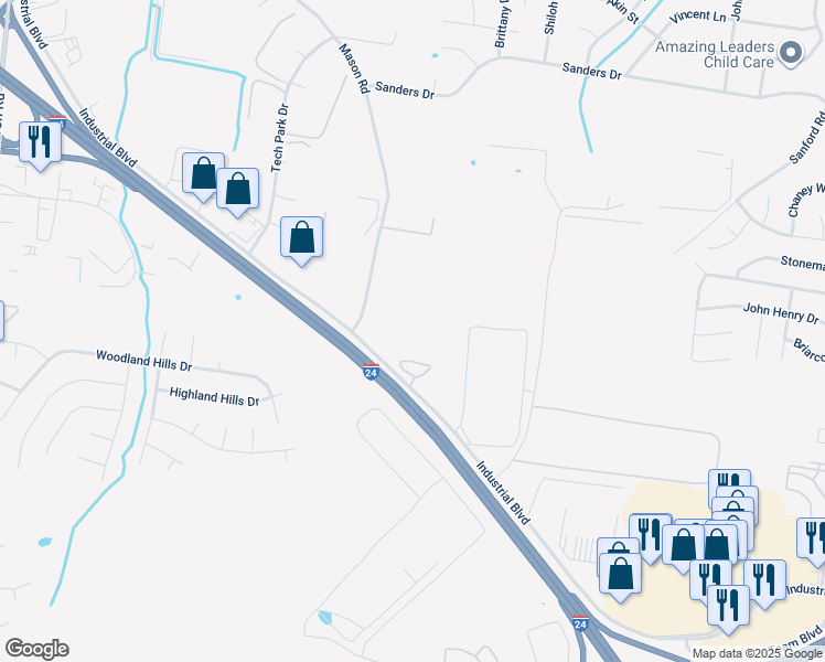 map of restaurants, bars, coffee shops, grocery stores, and more near 601 Mason Road in La Vergne
