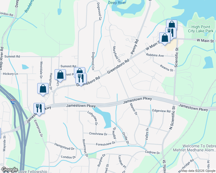 map of restaurants, bars, coffee shops, grocery stores, and more near 256 Crestwood Circle in High Point