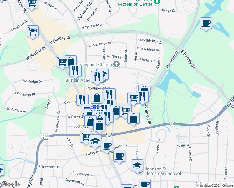 map of restaurants, bars, coffee shops, grocery stores, and more near 204 Northpoint Avenue in High Point