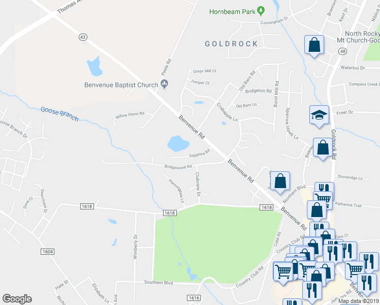 map of restaurants, bars, coffee shops, grocery stores, and more near 1984 Sapphire Road in Rocky Mount