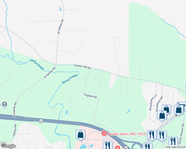 map of restaurants, bars, coffee shops, grocery stores, and more near 108 Windchime Court in Rocky Mount
