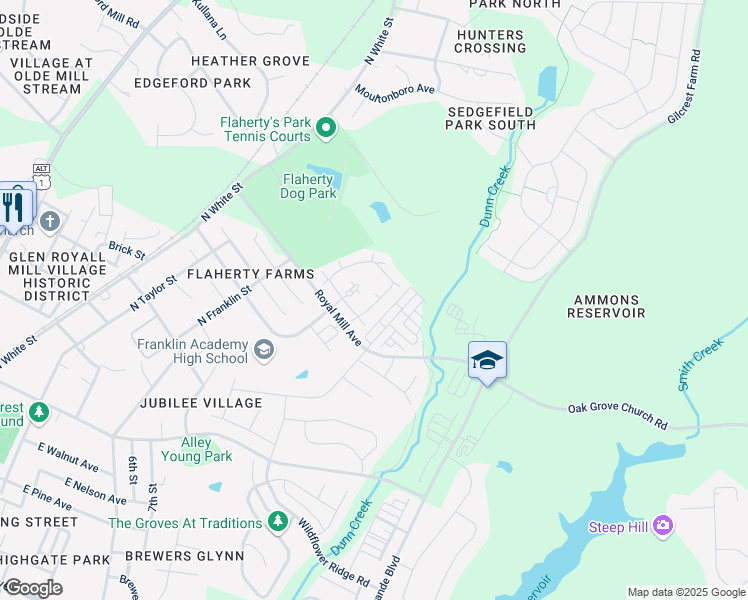 map of restaurants, bars, coffee shops, grocery stores, and more near 1072 Thornrose Way in Wake Forest