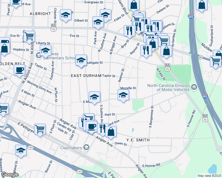 map of restaurants, bars, coffee shops, grocery stores, and more near 220 North Briggs Avenue in Durham