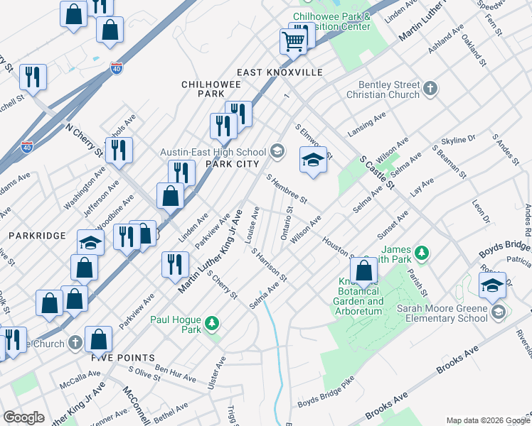 map of restaurants, bars, coffee shops, grocery stores, and more near 2818 Tarleton Avenue in Knoxville