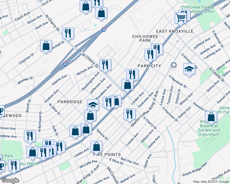 map of restaurants, bars, coffee shops, grocery stores, and more near 2603 East 5th Avenue in Knoxville