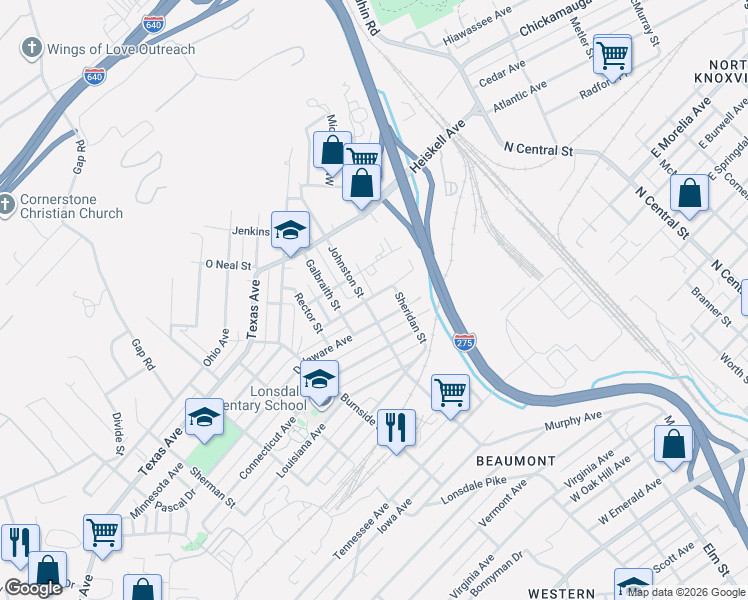 map of restaurants, bars, coffee shops, grocery stores, and more near 1001 Katherine Avenue in Knoxville