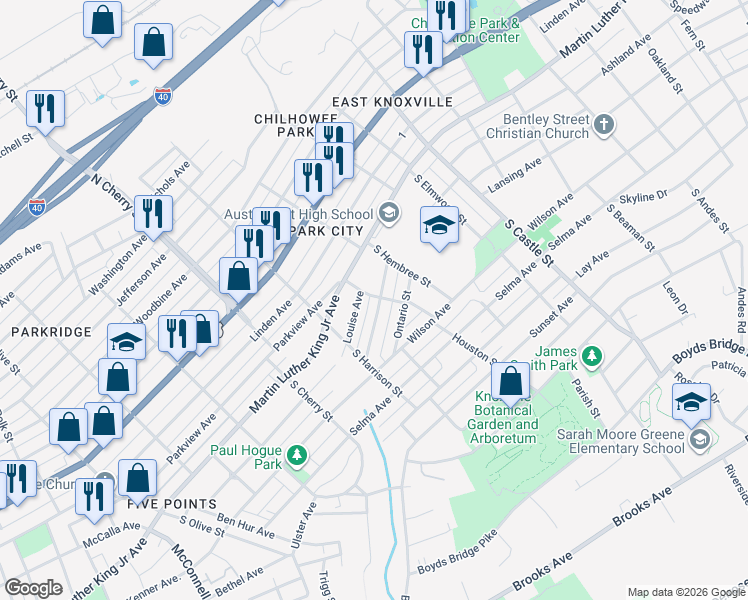 map of restaurants, bars, coffee shops, grocery stores, and more near 2818 Tarleton Avenue in Knoxville