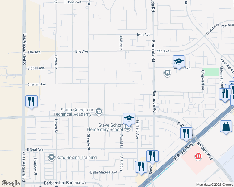 map of restaurants, bars, coffee shops, grocery stores, and more near 11165 Placid Street in Las Vegas