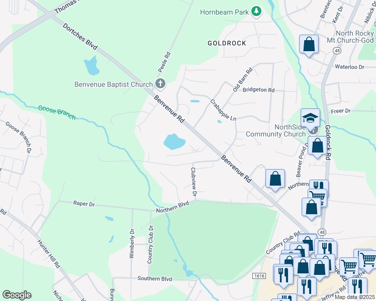 map of restaurants, bars, coffee shops, grocery stores, and more near 2126 Sapphire Road in Rocky Mount