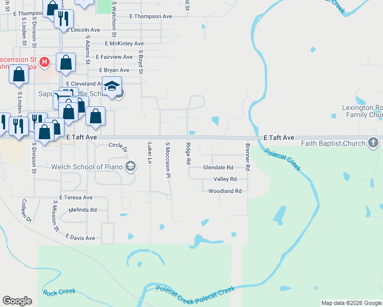 map of restaurants, bars, coffee shops, grocery stores, and more near 802 Ridge Road in Sapulpa