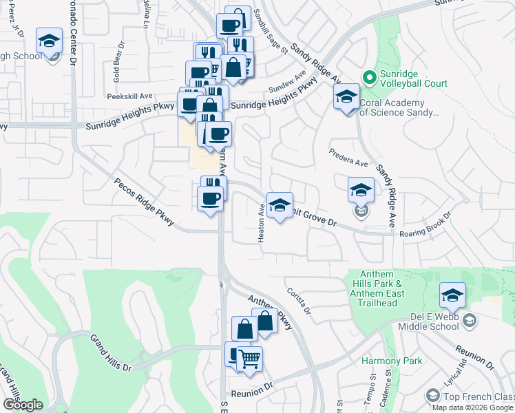 map of restaurants, bars, coffee shops, grocery stores, and more near 1111 Heaton Avenue in Henderson