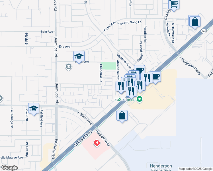 map of restaurants, bars, coffee shops, grocery stores, and more near 3625 Via Terracina in Henderson