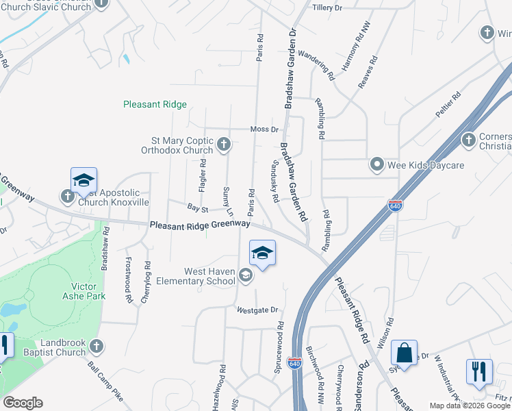 map of restaurants, bars, coffee shops, grocery stores, and more near 2110 Paris Road in Knoxville