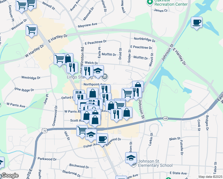 map of restaurants, bars, coffee shops, grocery stores, and more near 204 Northpoint Avenue in High Point